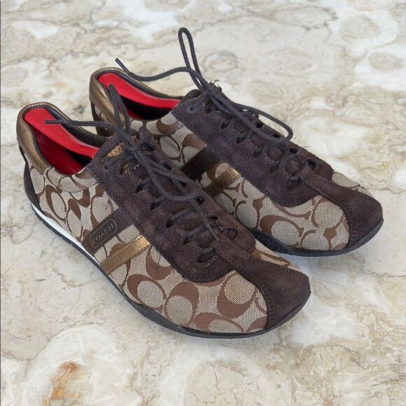 Coach Katelyn Sneakers C Monogram Leather Gold Brown Tan Classic - Picture 1 of 14
